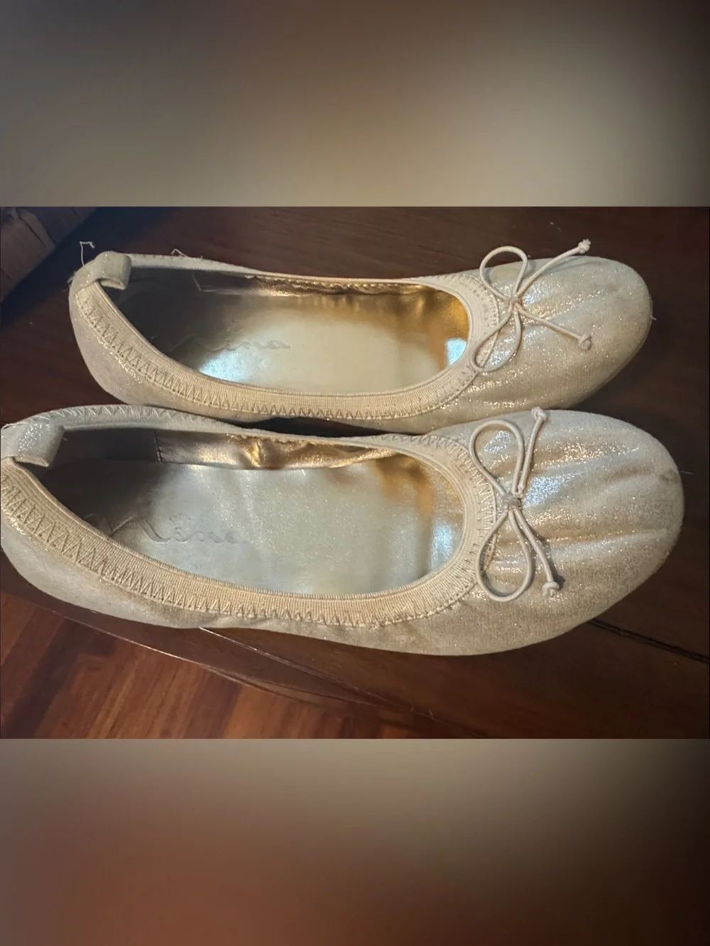 Nina Gold Glitter Ballet Flats with Bow Accent